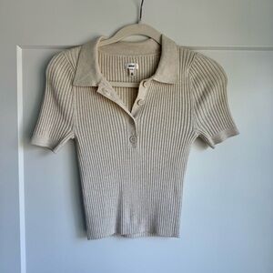 Aerie Ribbed Knit Collared Polo Top | Beige Neutral Short Sleeve Fitted SZ M